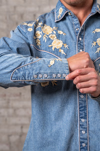 Men’s Denim with Tan Floral Embroidered Western Shirt
