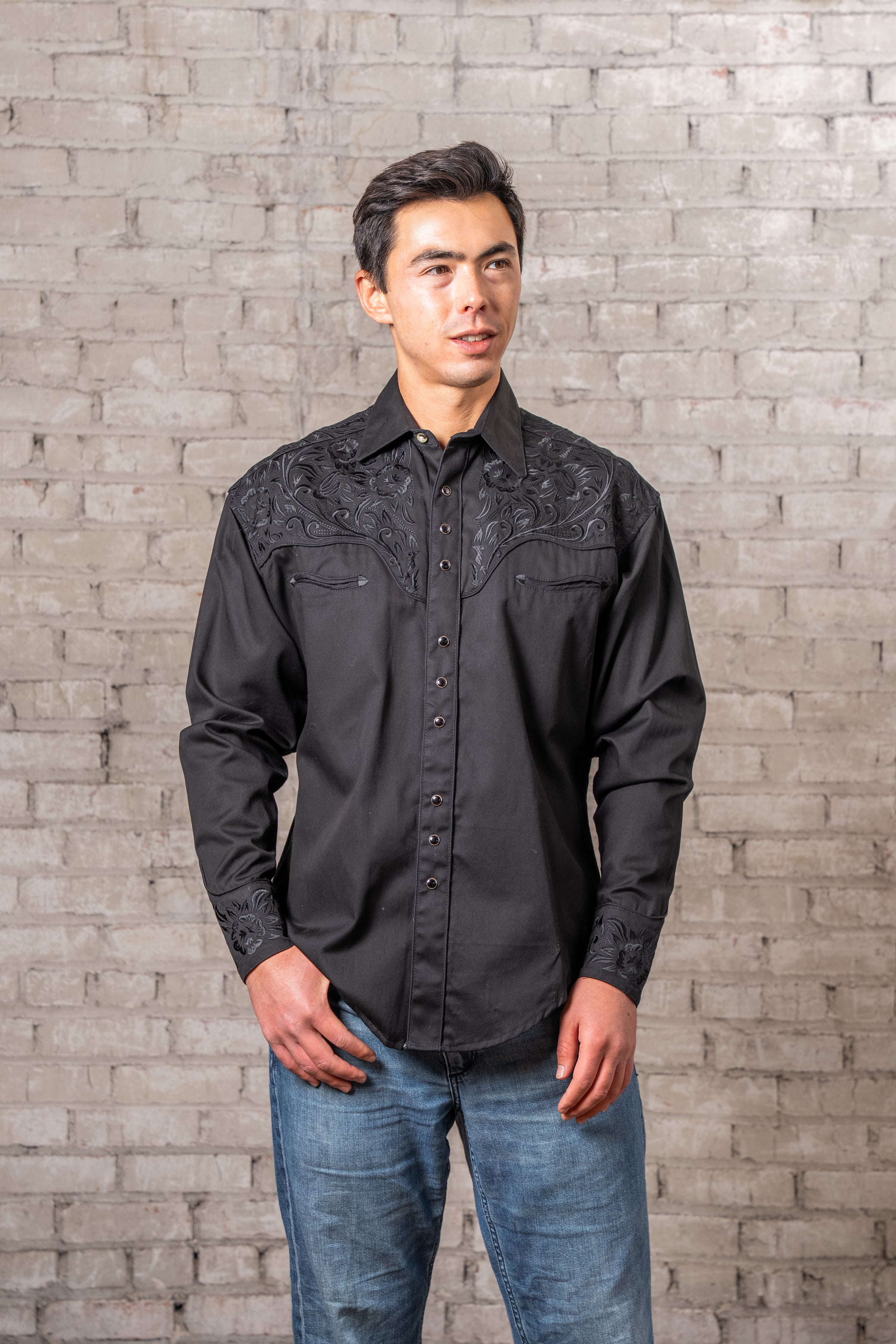 jeans and black dress shirt Men's Vintage Black-on-Black Tooling Embroidered Western Shirt