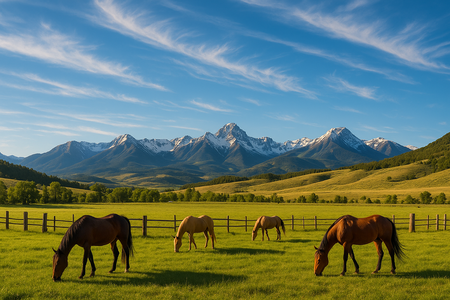 Colorado Rockies mountains in background of ranch with horses and big blue sky