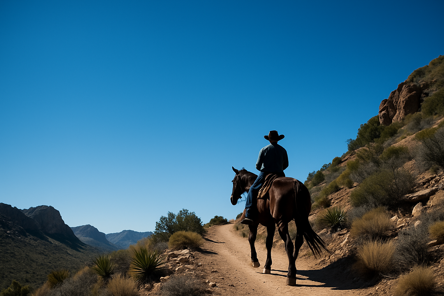guy on horse riding trail with big bright blue sky