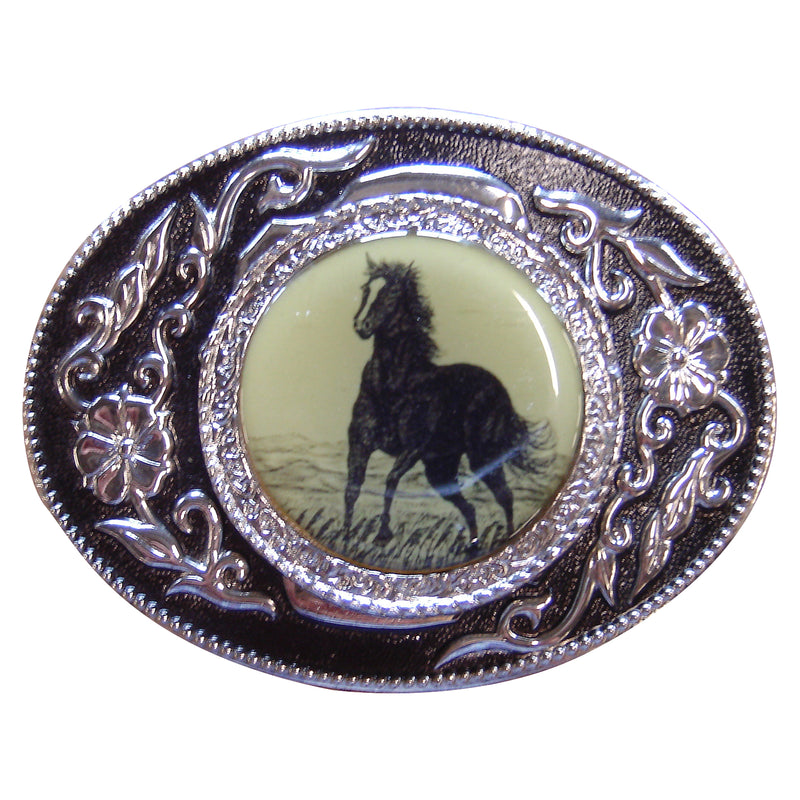 Mustang Silver & Black Western Belt Buckle - Rockmount