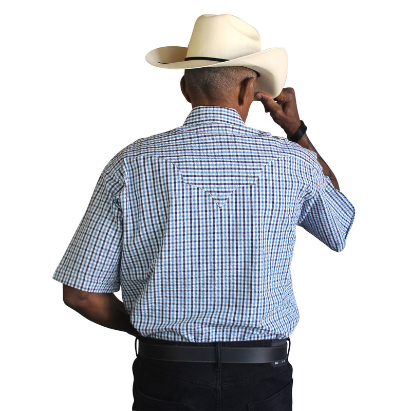 Men's Blue Seersucker Windowpane Check Short Sleeve Western Shirt - Rockmount