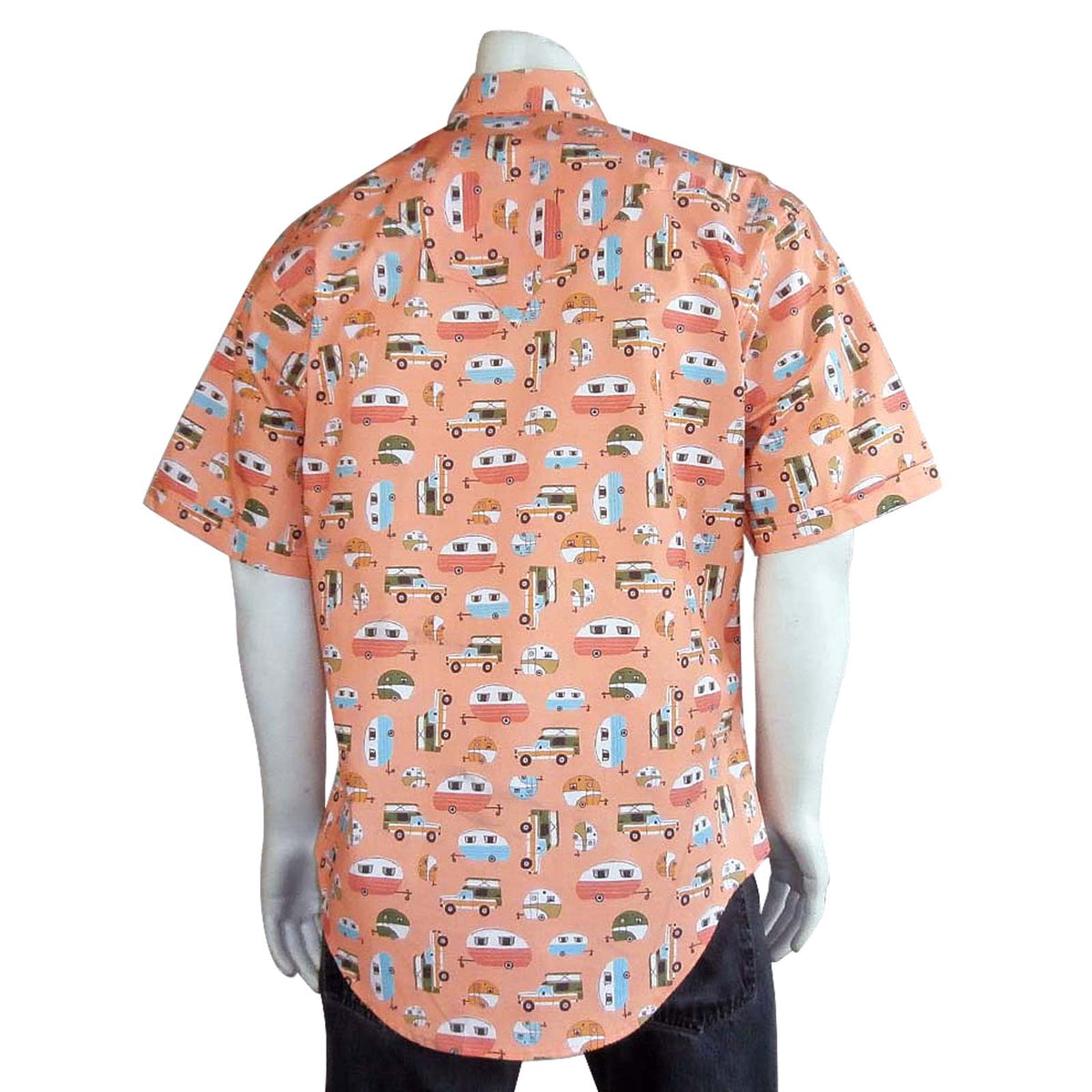 Men’s Retro Campers Print Short Sleeve Western Shirt in Peach - Rockmount