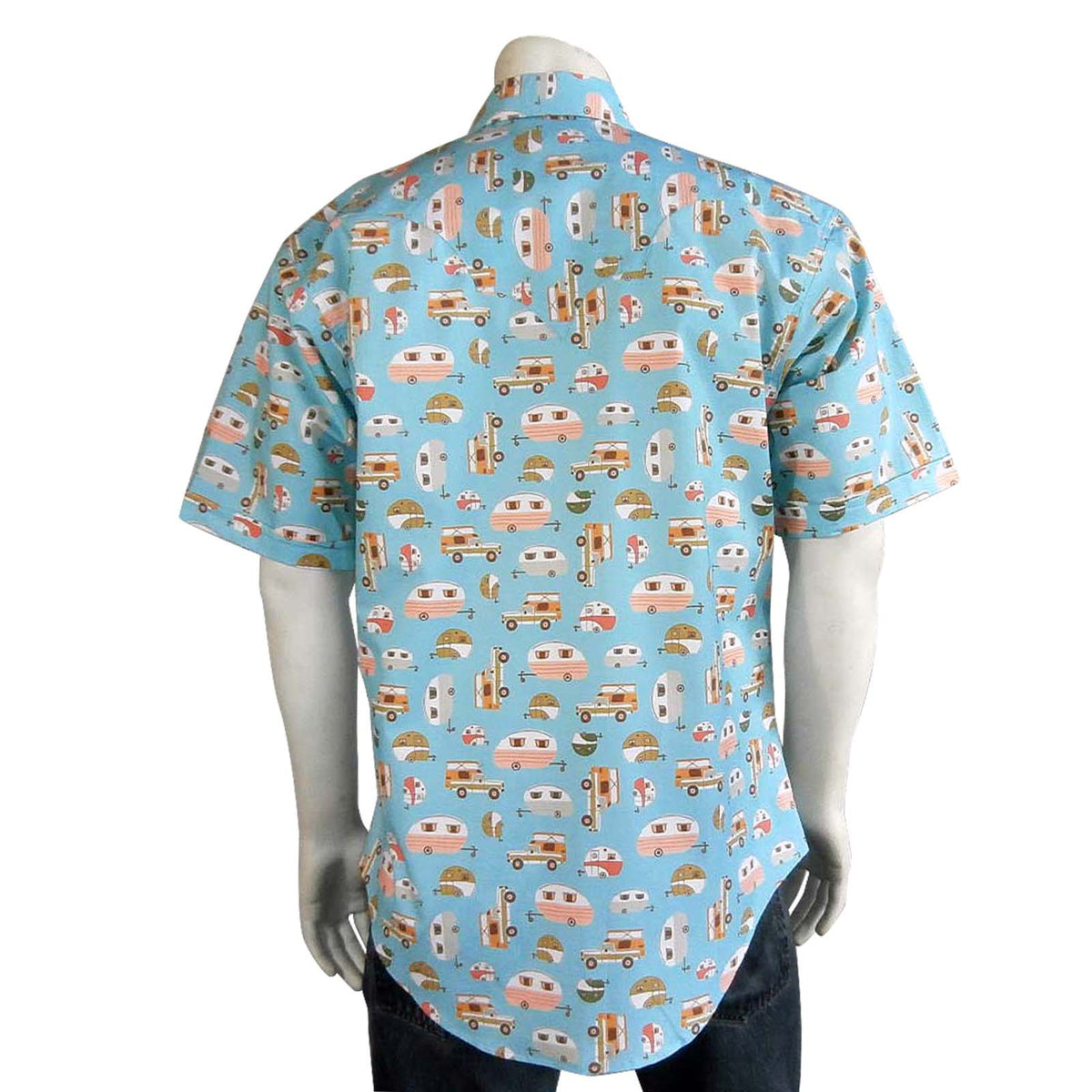 Men’s Retro Campers Print Short Sleeve Western Shirt in Turquoise - Rockmount