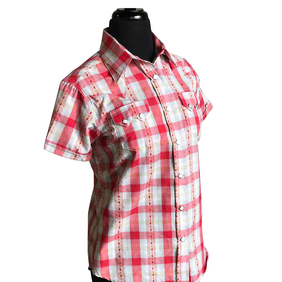 Women's Shadow Plaid Dobby Lurex Short Sleeve Western Shirt in Red - Rockmount