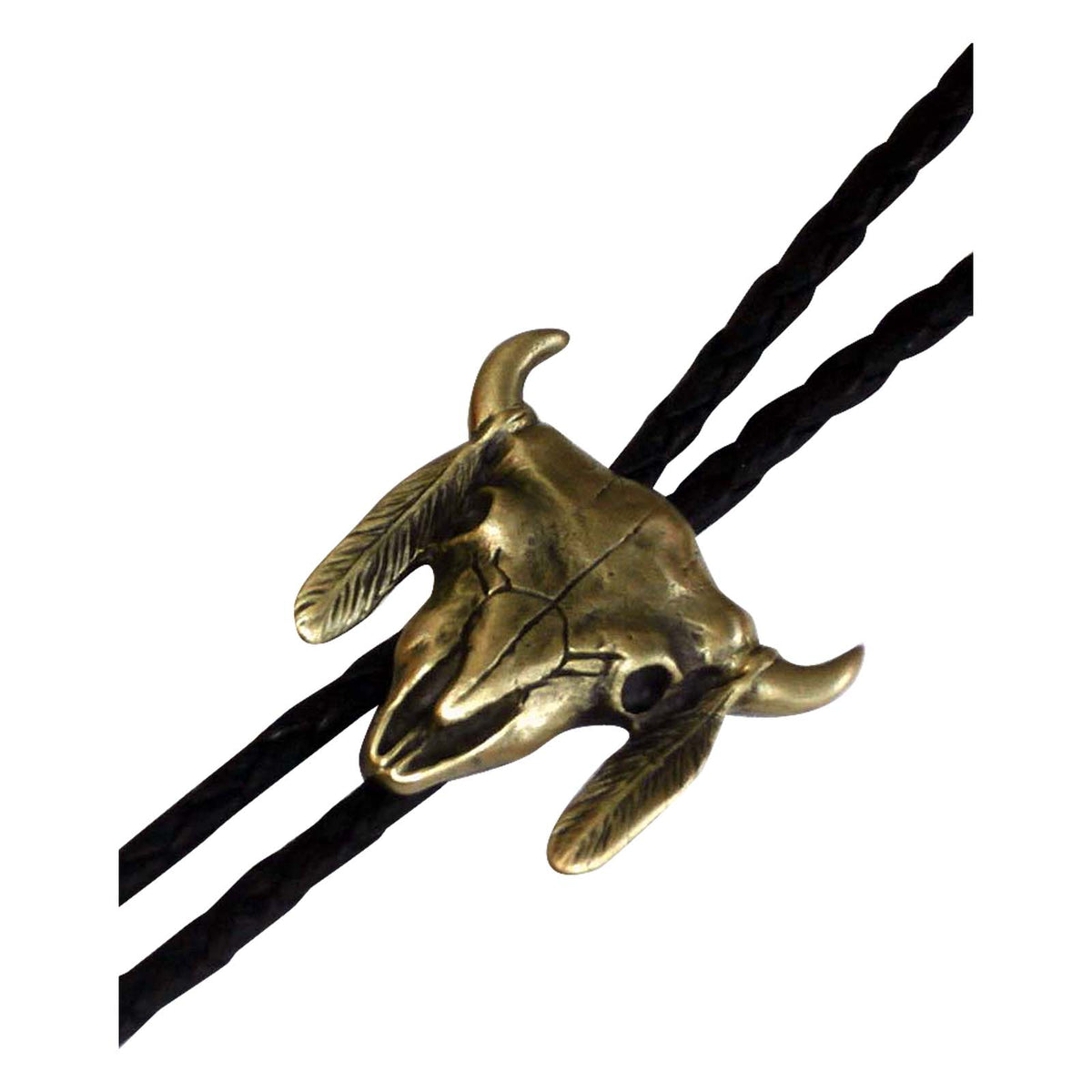 Brass Steer Skull with Feathers Western Bolo Tie - Rockmount