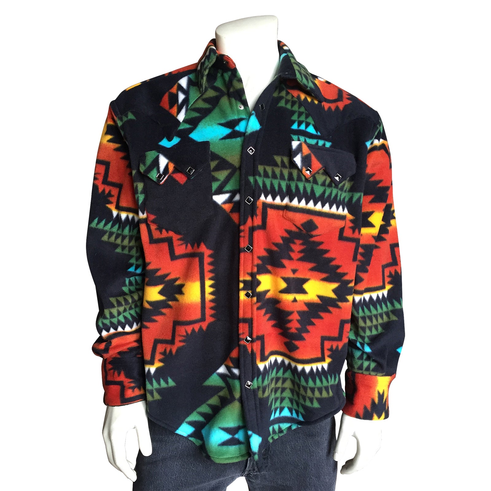 Men's Native Pattern Fleece Western Shirt in Black & Turquoise - XS