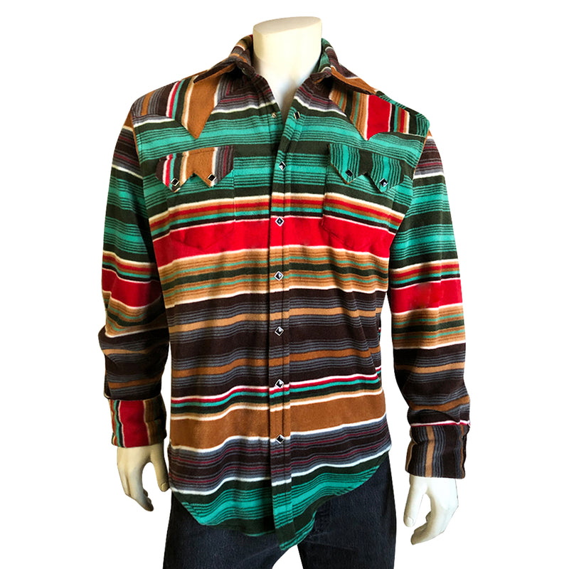 Men's Serape Pattern Fleece Western Shirt in Brown & Green - Rockmount
