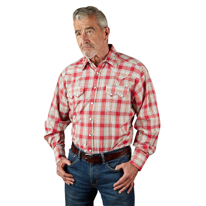 Men's Shadow Plaid Dobby Lurex Western Shirt in Red - Rockmount
