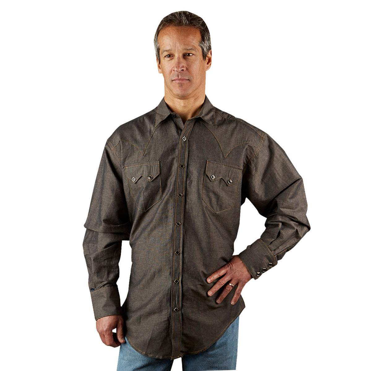 Two-tone smile pocket western shirt in black and grey Tencel