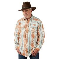 Men's Premium Flannel Jacquard Western Shirt in Ivory & Brown - Rockmount