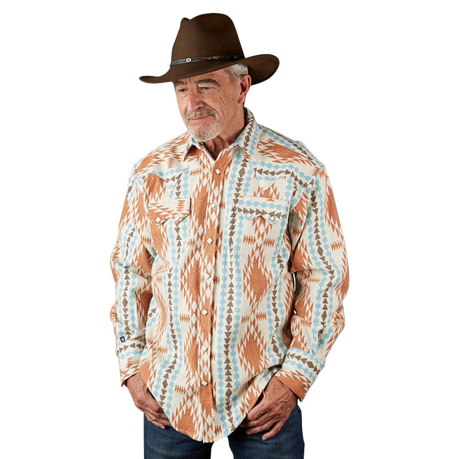Rockmount Native Print Premium Flannel Western Shirt in Ivory