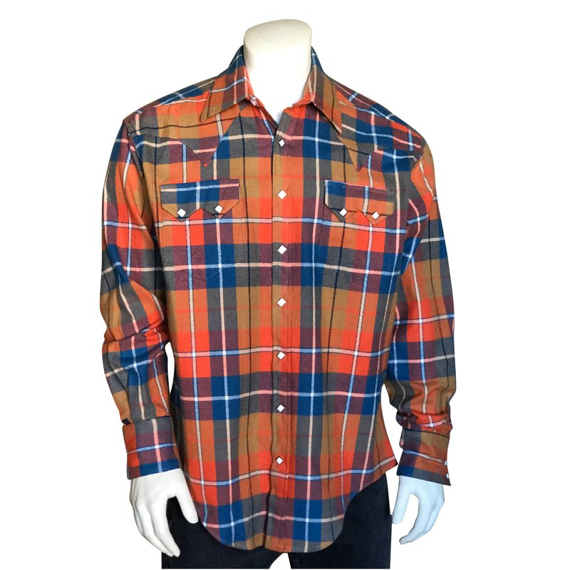 Men's Plush Flannel Orange & Blue Plaid Western Shirt - Rockmount