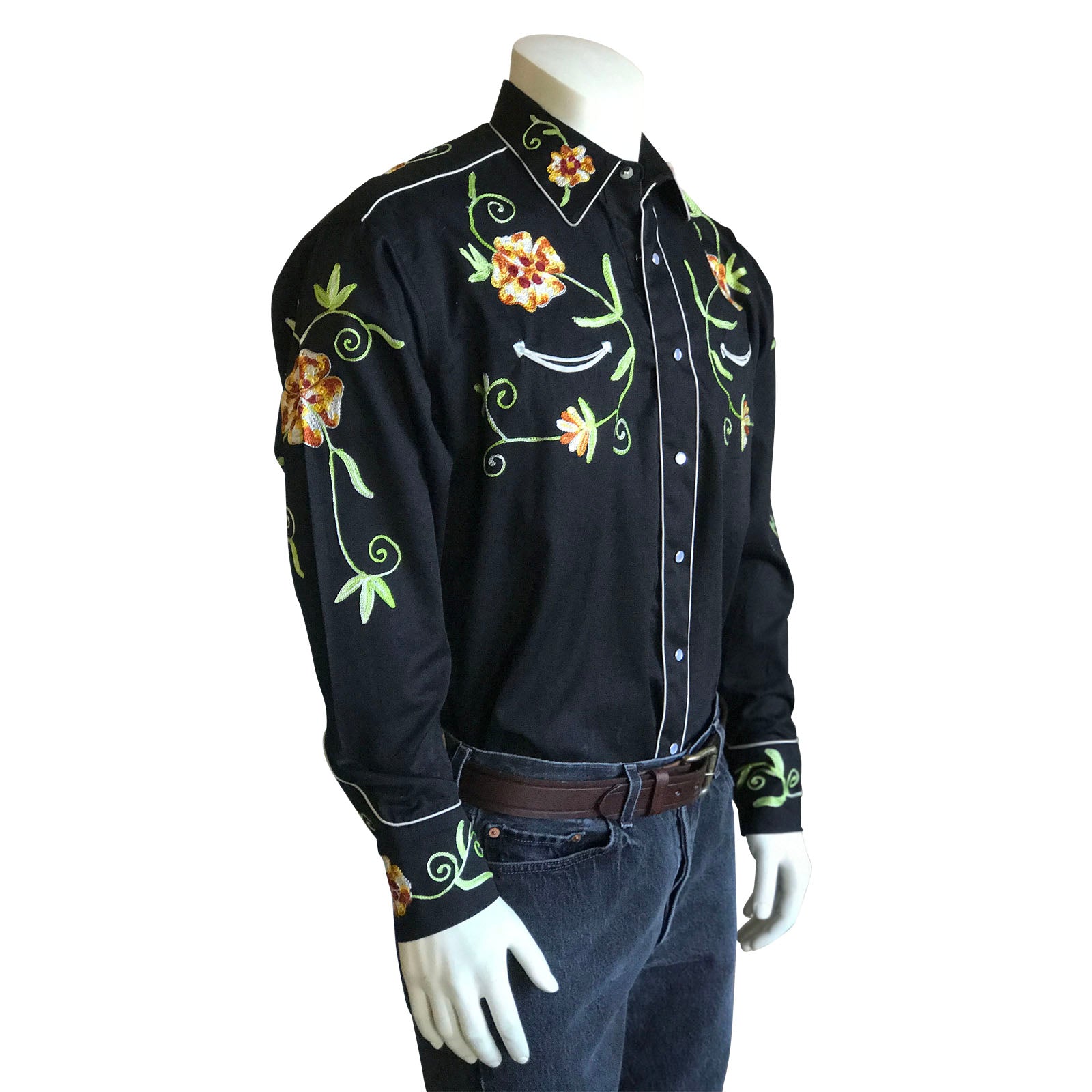 Men's Floral Embroidery Cotton Gabardine Black Western Shirt - Rockmount