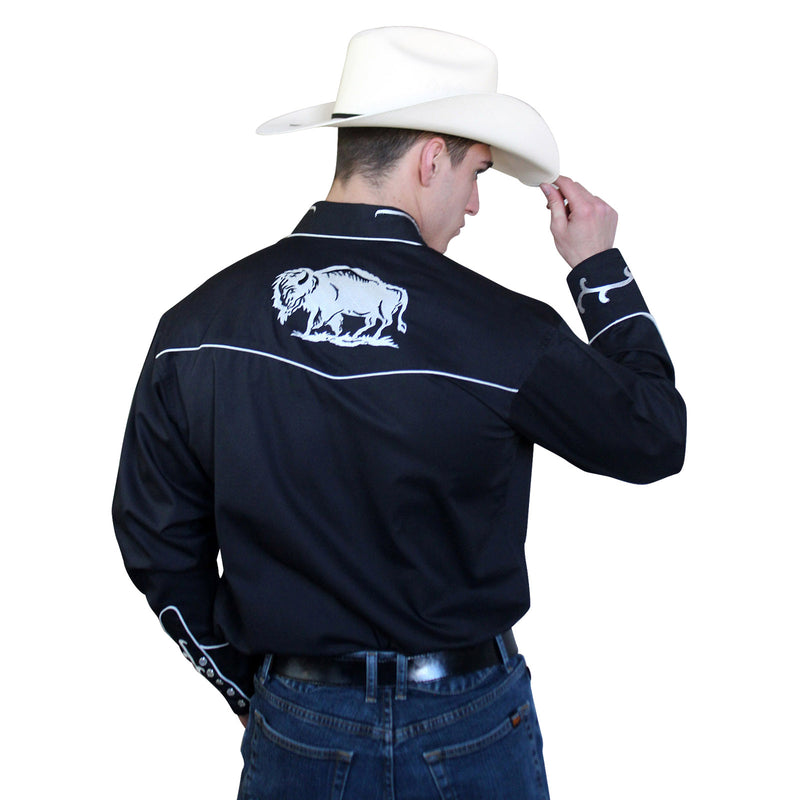 Men's Vintage American Bison Embroidery Black Western Shirt - Rockmount