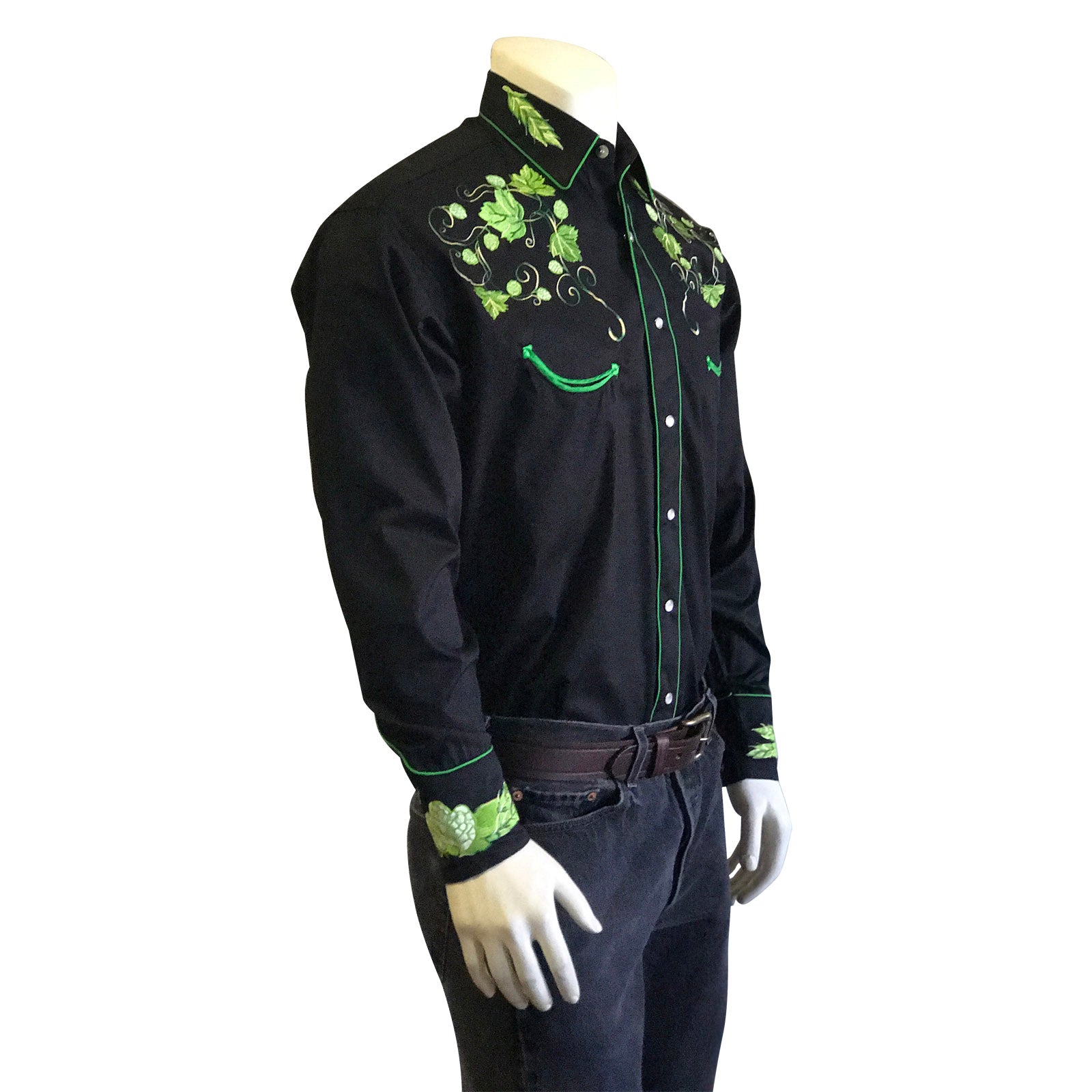 Men's Vintage Beer Hops Embroidered Western Shirt in Black