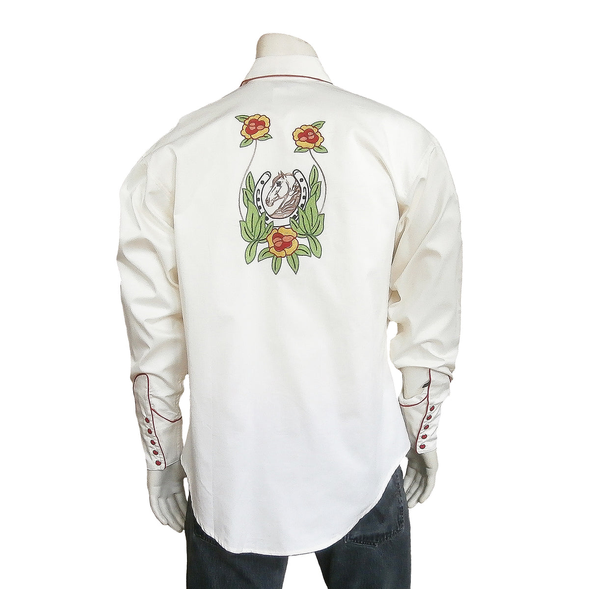Men's Vintage Horsehead & Floral Embroidered Western Shirt in Ivory - Rockmount