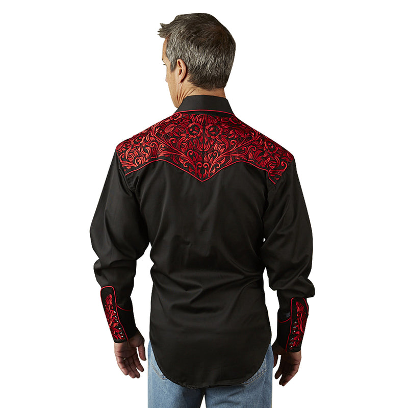 Men's Vintage Tooling Embroidered Black & Red Western Shirt - Rockmount