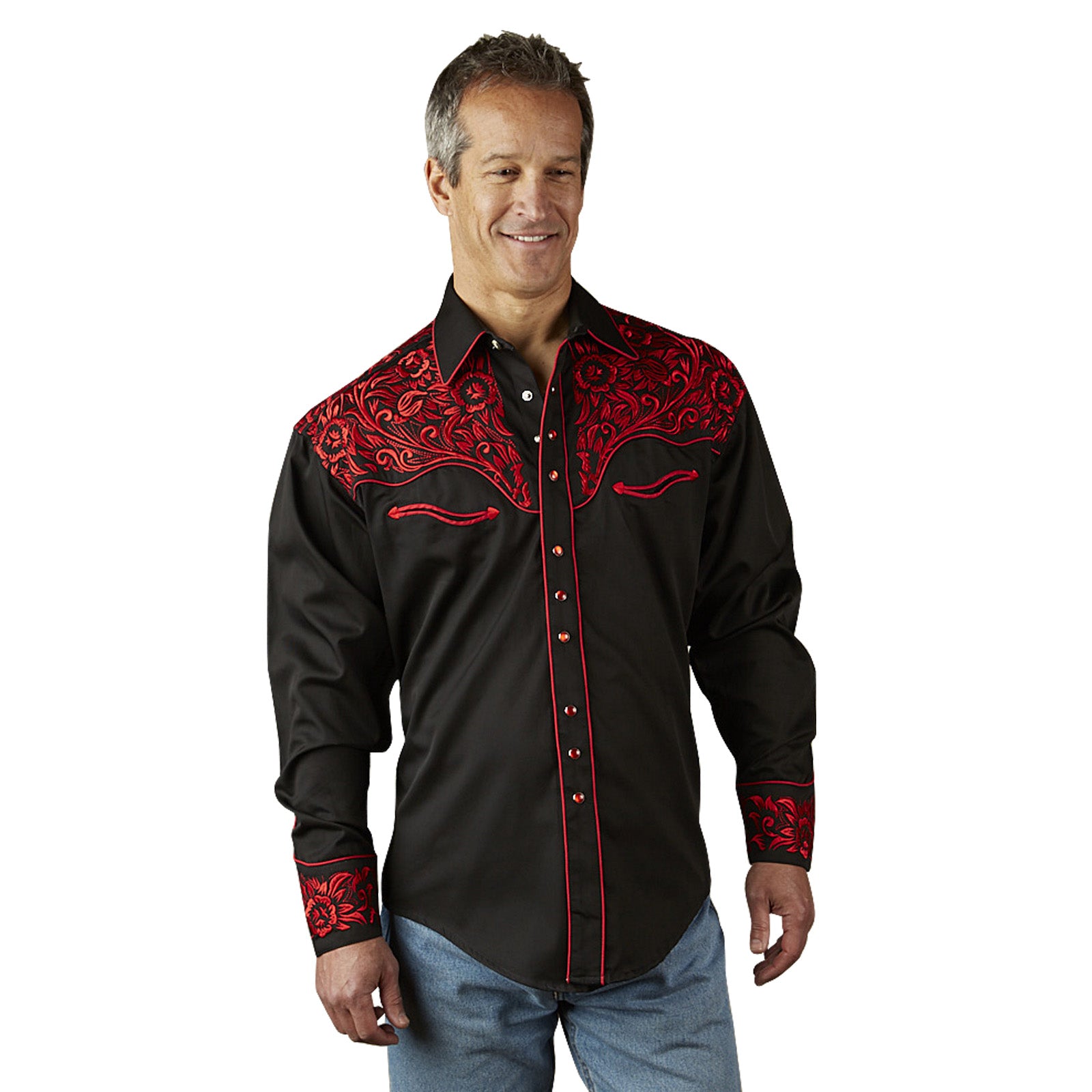 Men's Vintage Tooling Embroidered Black & Red Western Shirt - Rockmount