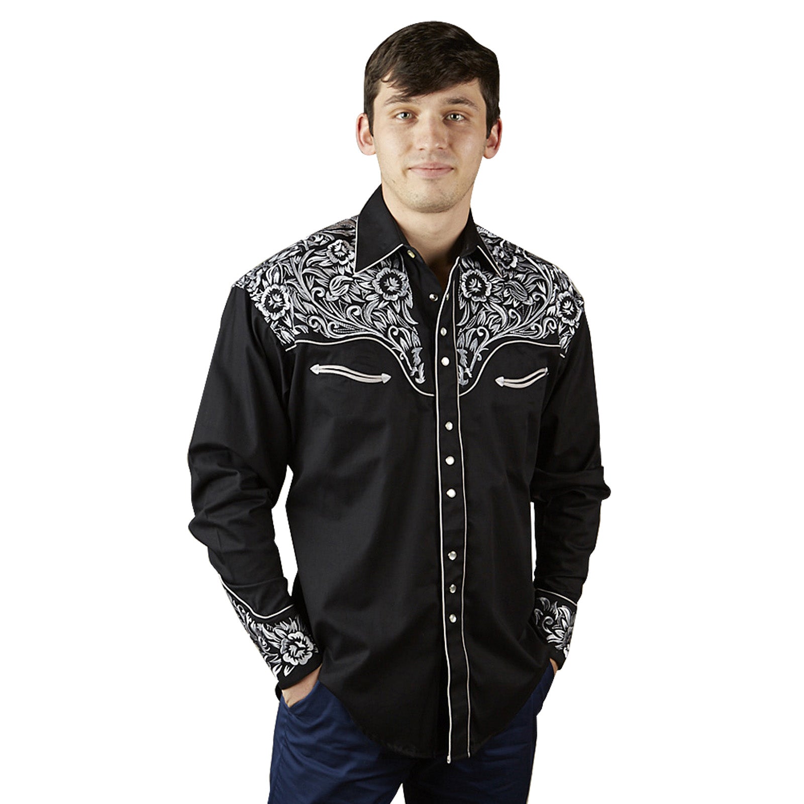 Men's Vintage Tooling Embroidered Black & Silver Western Shirt - Rockmount