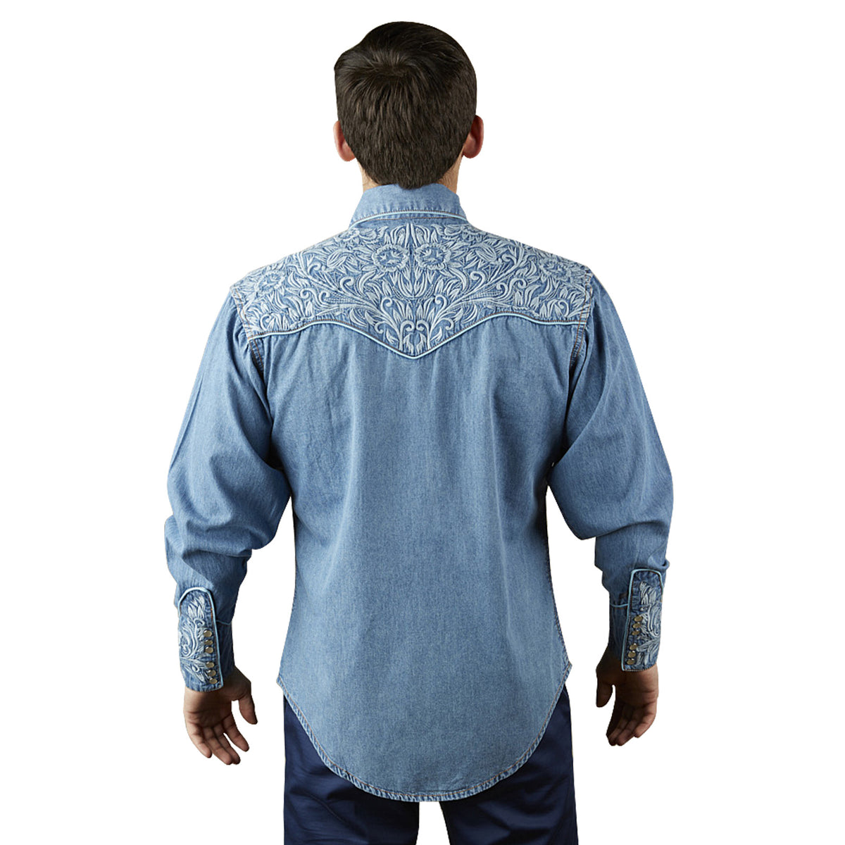 Rockmount Men's Floral Tooling Embroidered Denim Shirt