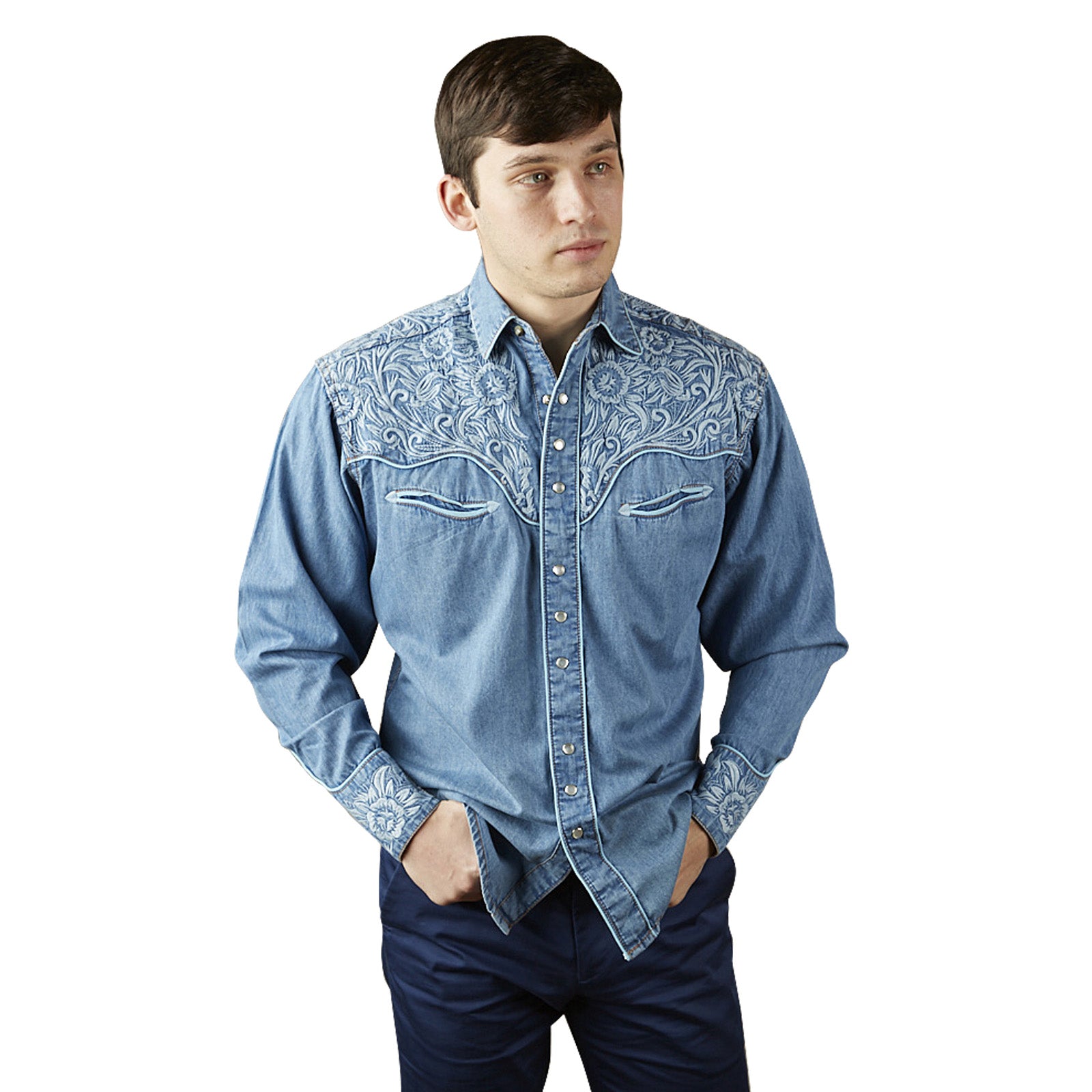 Embroidered denim 2024 shirt mens