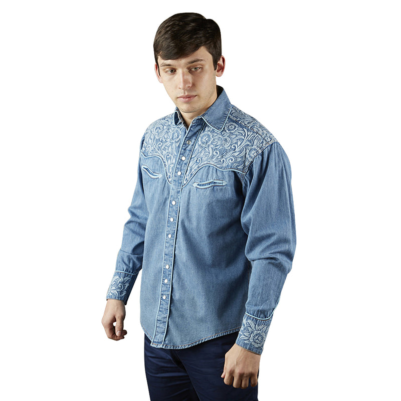 Men's Vintage Tooling Embroidered Denim & Blue Western Shirt - Rockmount