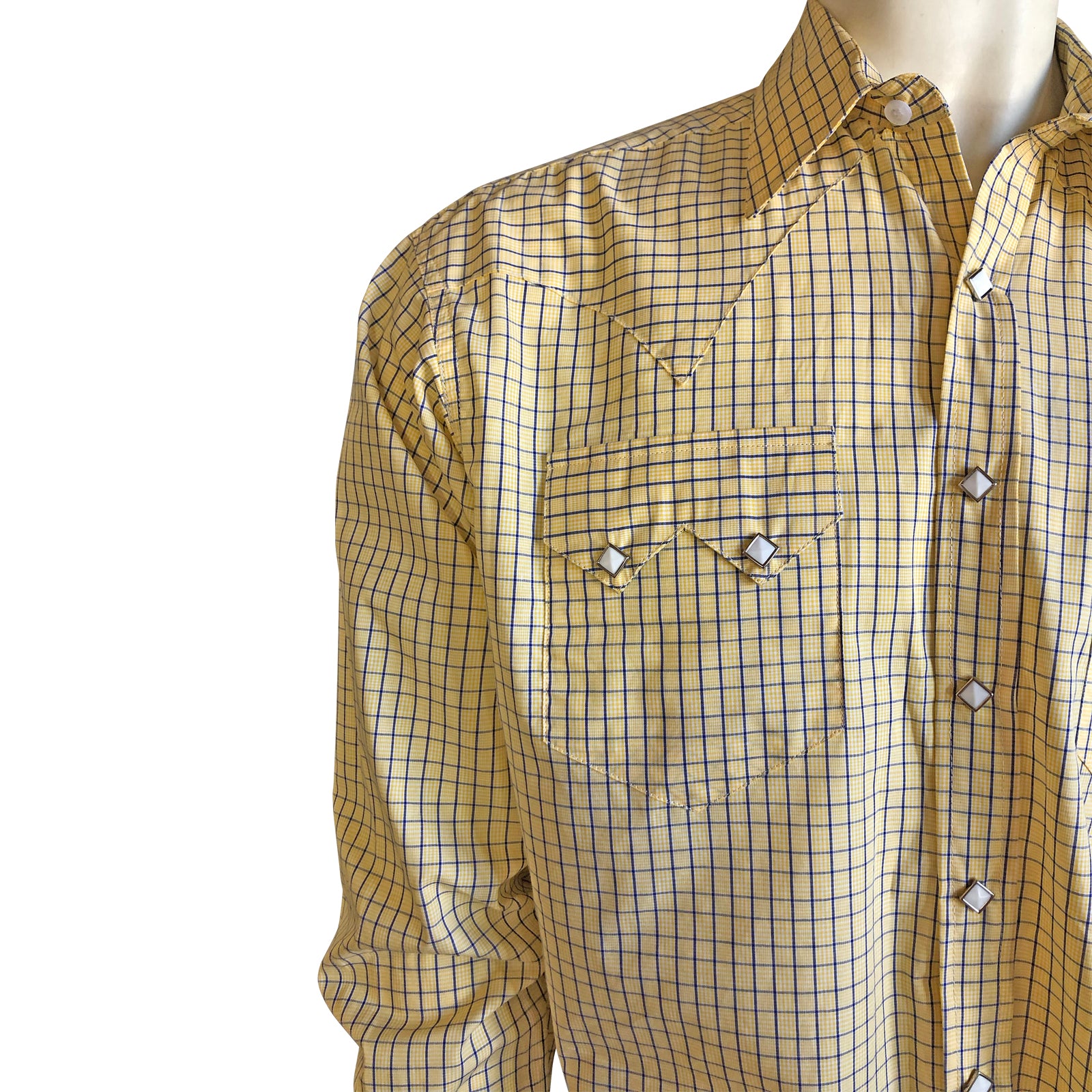 Men's Yellow Extra-Fine Pima Cotton Windowpane Plaid Western Shirt