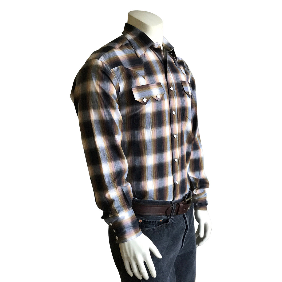 Men's Brown & White Shadow Plaid Western Shirt - Rockmount