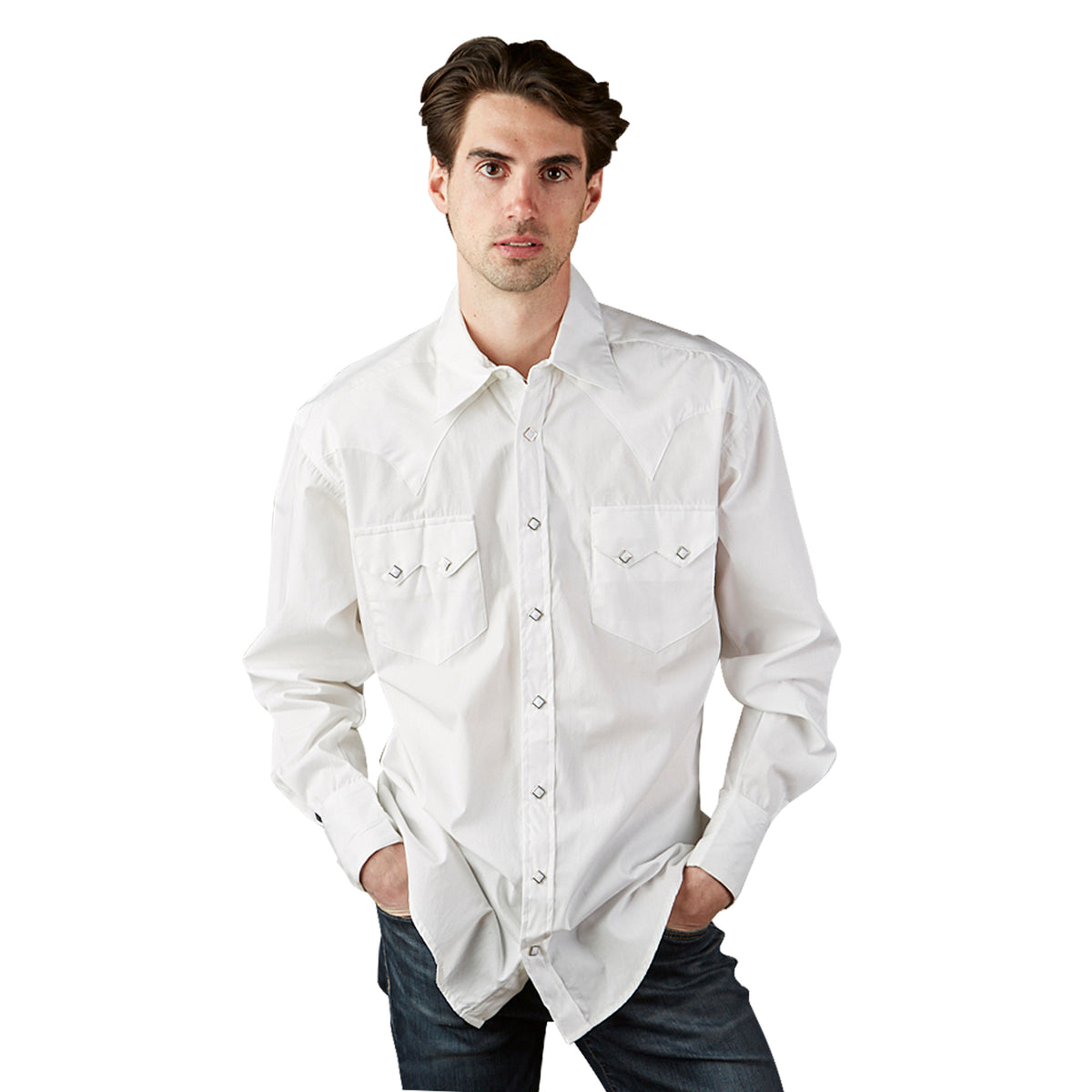 Men's Classic Pima Cotton Solid White Western Shirt with White Snaps - Rockmount