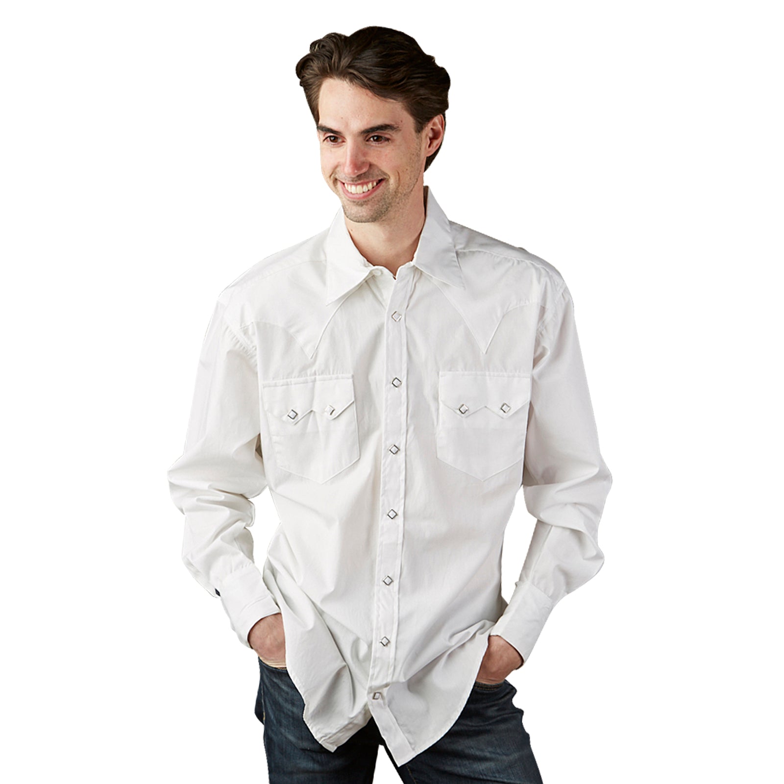 Men's Classic Pima Cotton Solid White Western Shirt with White Snaps - Rockmount