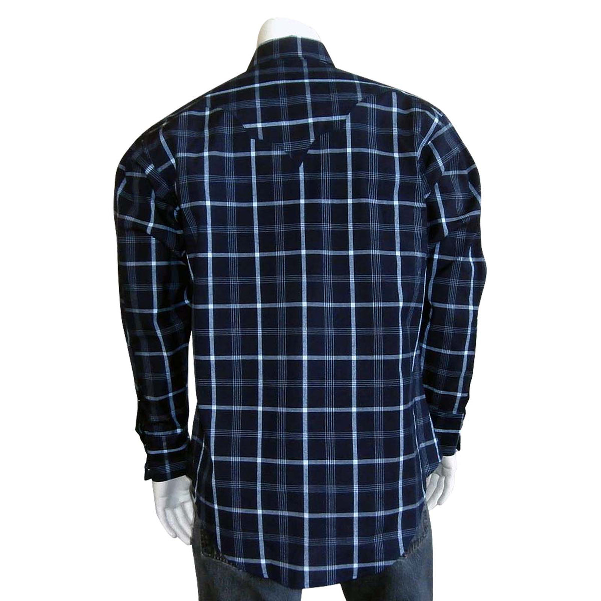 Men's Navy & Light Blue Extra-Fine Pima Cotton Windowpane Plaid Western Shirt - Rockmount