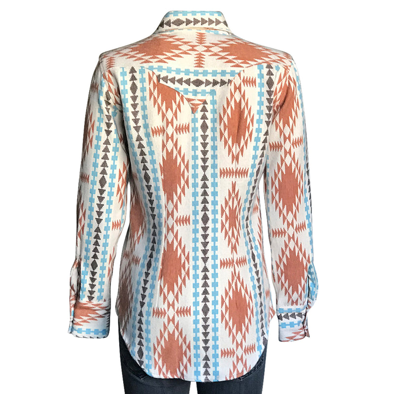Women's Premium Flannel Jacquard Western Shirt in Ivory & Brown - Rockmount