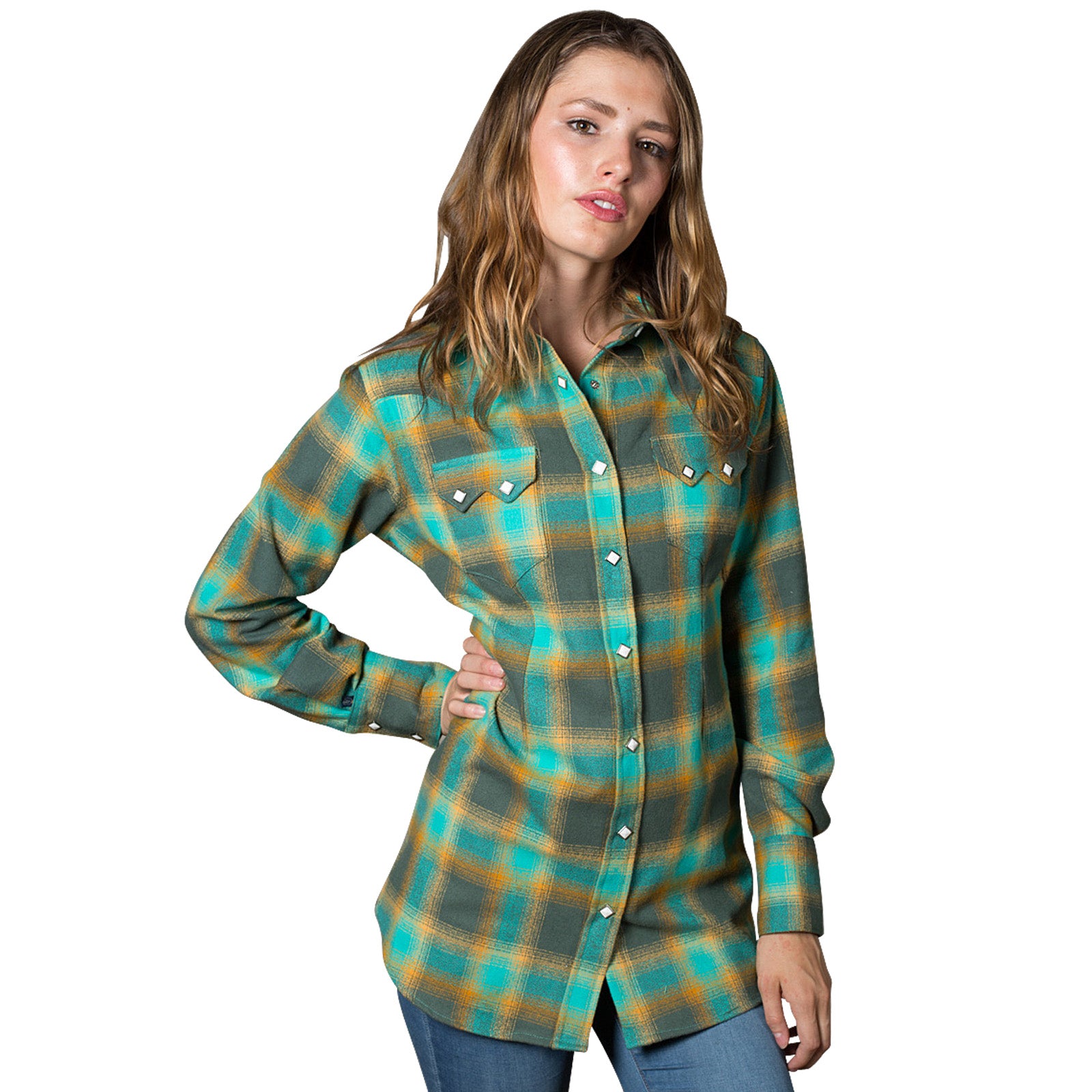 Women's Plush Green & Turquoise Plaid Flannel Western Shirt - Rockmount