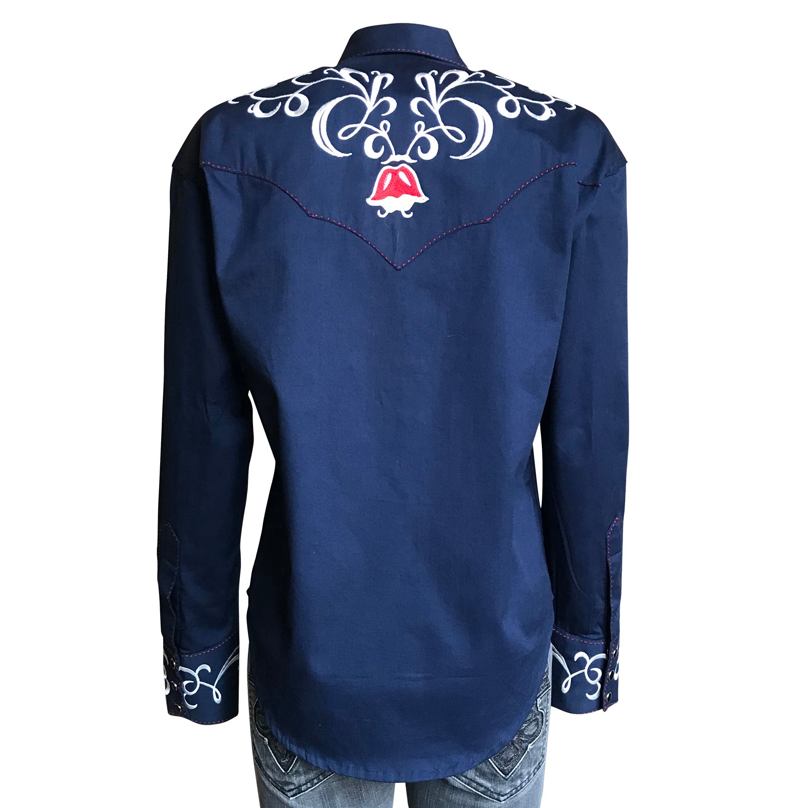 Women's Art Deco Floral Embroidery Navy Western Shirt
