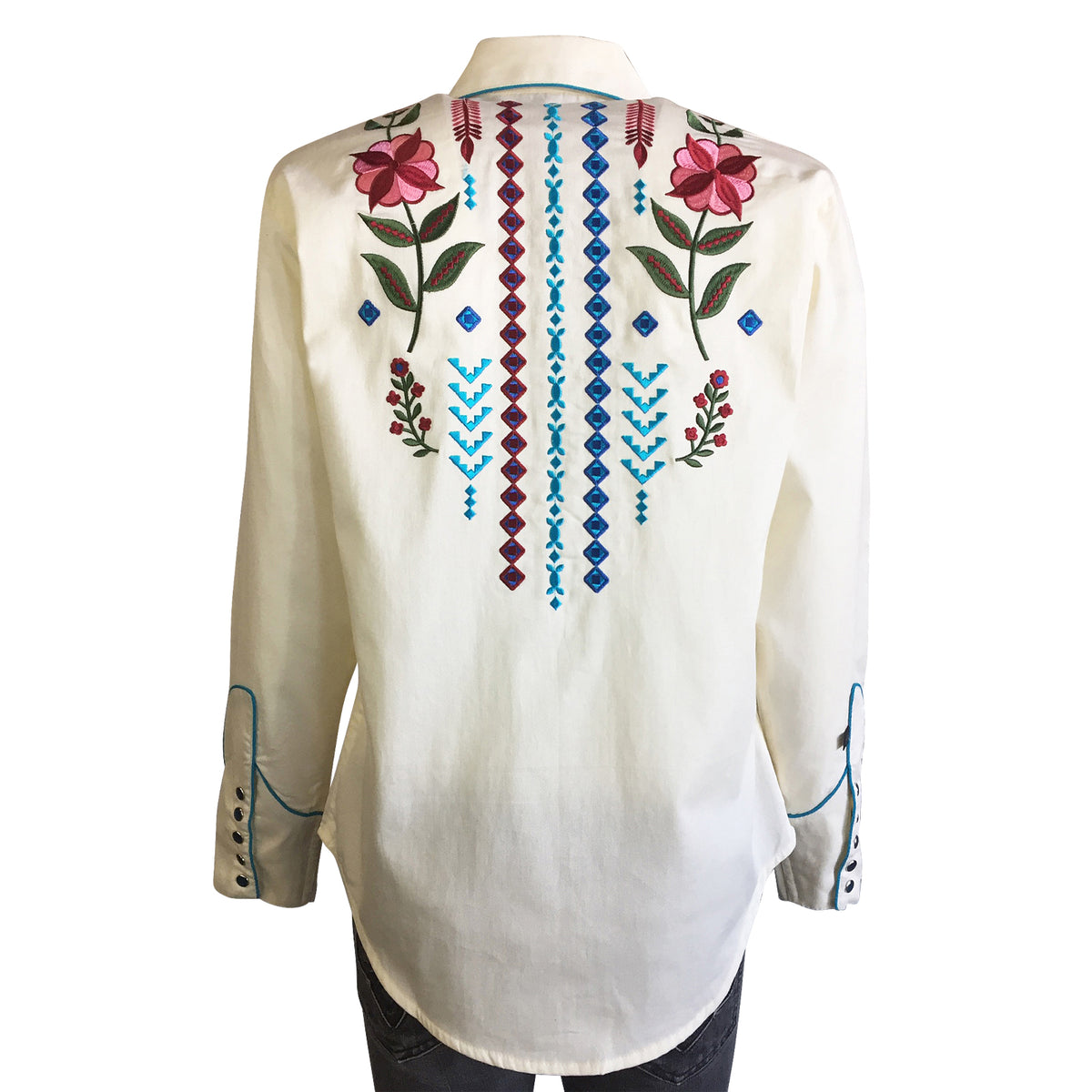 Women's Boho Serape Western Shirt with Cascading Embroidery in Ivory - Rockmount