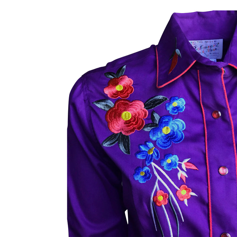 Women's Vintage Floral Bouquet Embroidered Western Shirt in Purple - Rockmount