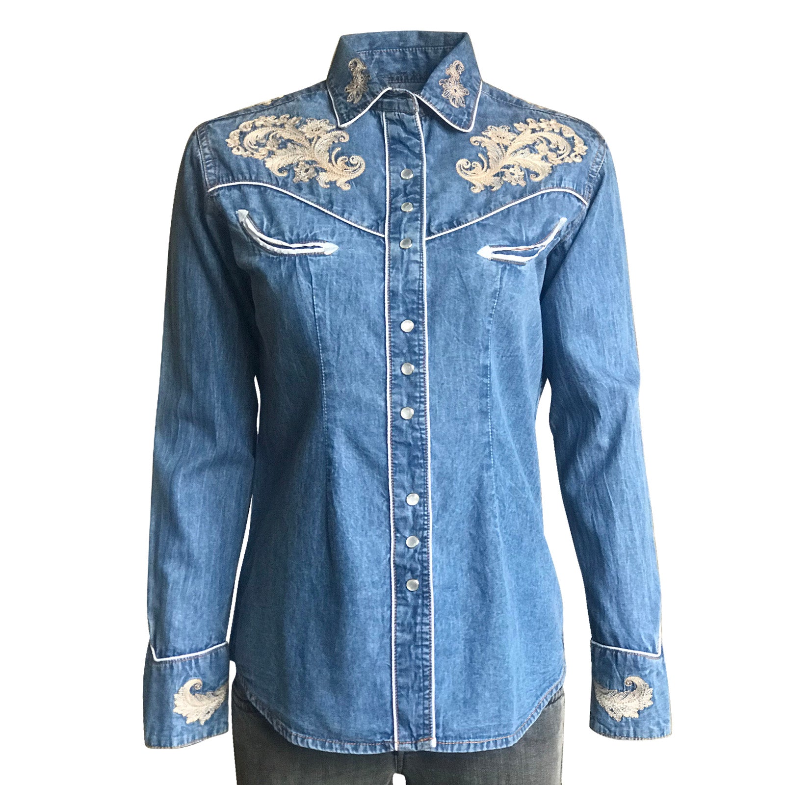 Rockmount Ranchwear Women's Cascading Embroidered Floral Print Long Sleeve Western  Shirt