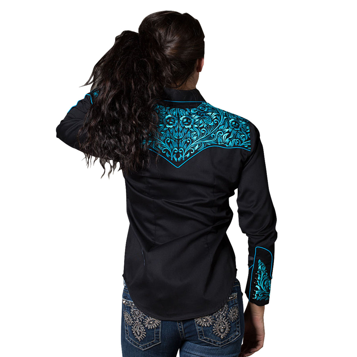 Women's Vintage Tooling Embroidery Black & Turquoise Western Shirt - Rockmount