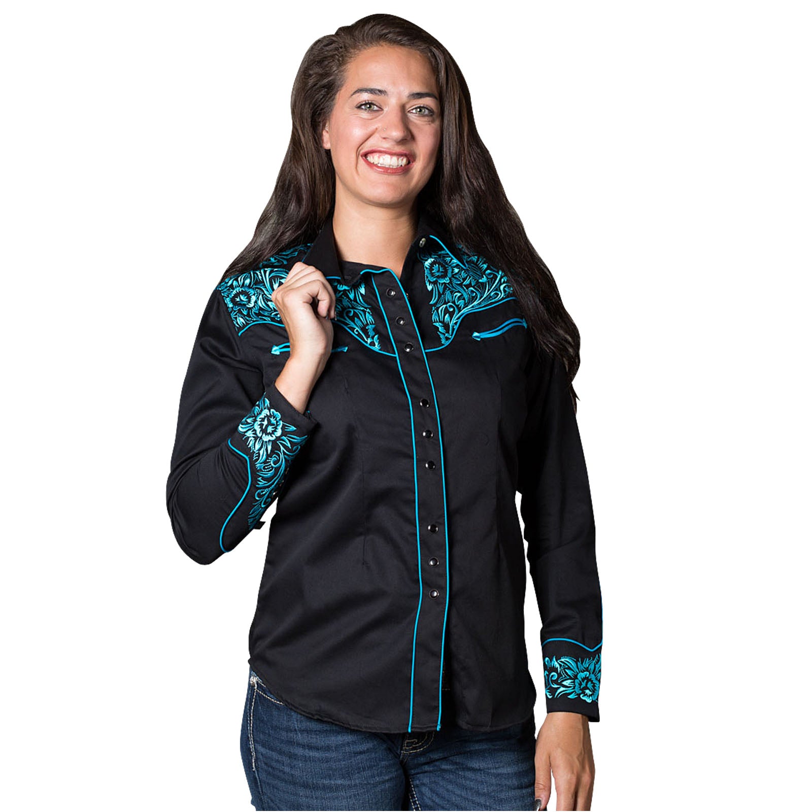 Women's Vintage Tooling Embroidery Black & Turquoise Western Shirt - Rockmount