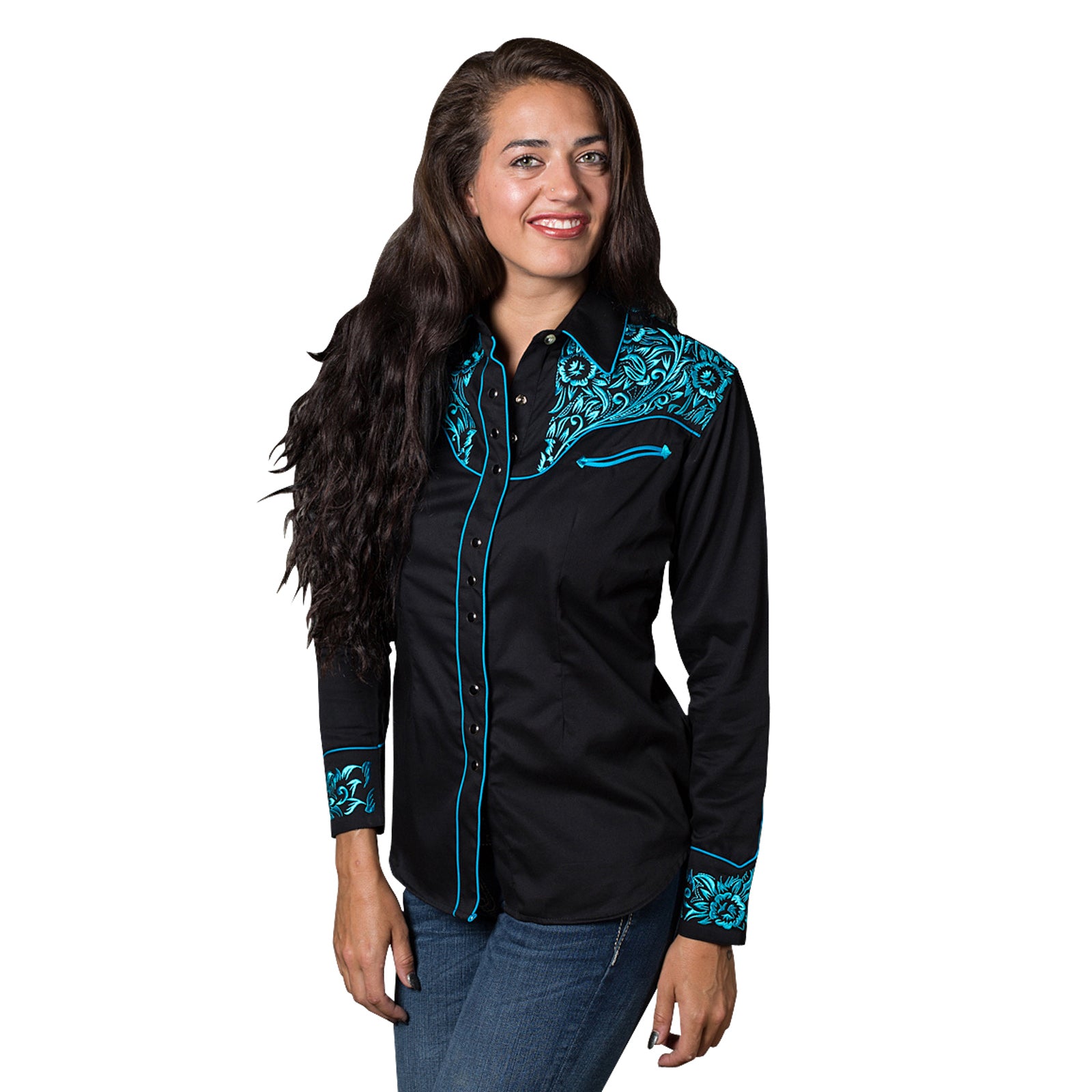 Rockmount Women's Vintage Tooling Embroidery Black & Turquoise Shirt