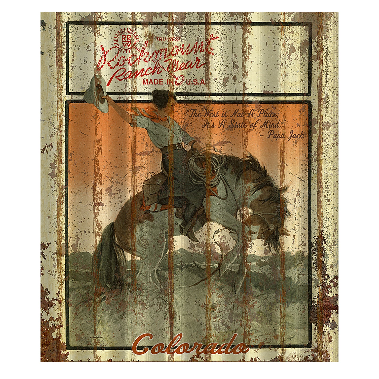 Cowgirl Bronc Corrugated Distressed Metal Western Sign - Rockmount
