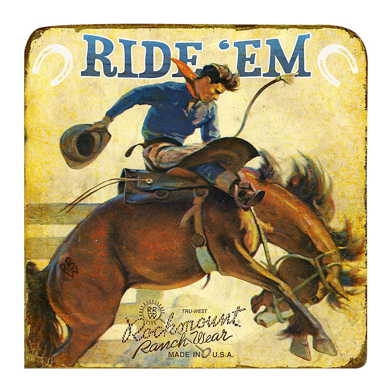 Cowboy Ride 'Em Bronc Distressed Wood Western Sign - Rockmount